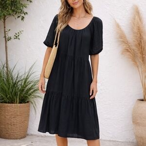 Z Supply Black Midi Dress Size M | Flowy Tiered Short Sleeve Casual Dress